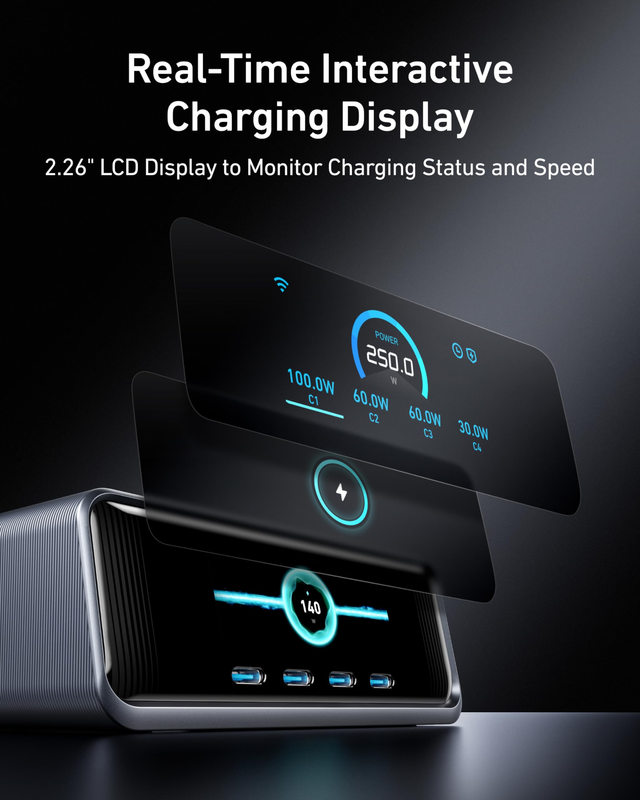 250W USB C Charger, Ultra-Fast 6-Port GaN Charging Station,Smart Control Dial, Compatible with MacBook Pro/Air, iPhone, Pixel, Galaxy, and More