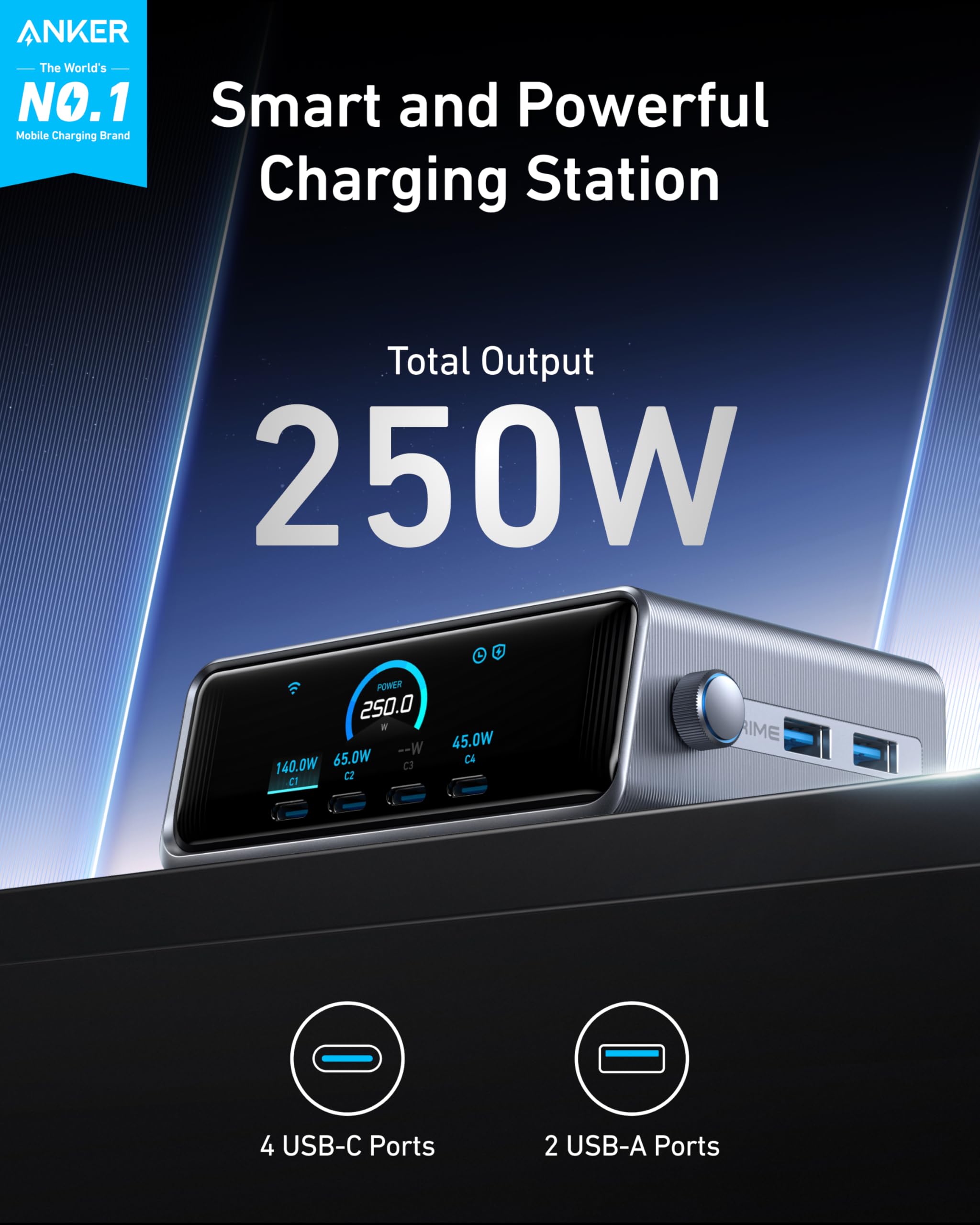 250W USB C Charger, Ultra-Fast 6-Port GaN Charging Station,Smart Control Dial, Compatible with MacBook Pro/Air, iPhone, Pixel, Galaxy, and More
